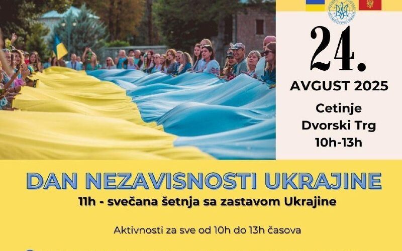 Празднование Дня независимости Украины в Цетине, Черногория, с флагом и мероприятиями на Дворском Тргу.