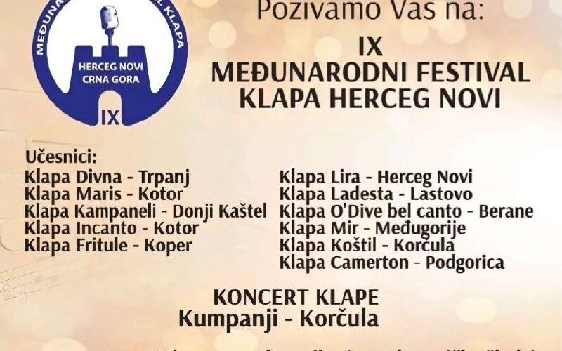 Изображение афиши фестиваля Клапа в Херцег-Нови, Черногория, с расписанием концертов 13 сентября.