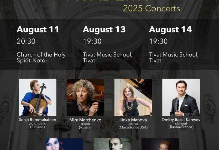 Концерты Soloist Academy 2025 в Черногории: Котор, Церковь Святого Духа, 11 августа; Тиват, Школа музыки, 13-14 августа.