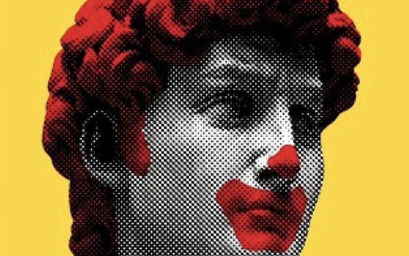 Изображение бюста с красным акцентом на жёлтом фоне, арт-выставка в Будве, Черногория.