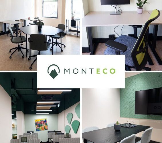 Современный офис в Черногории, подготовка к мероприятиям, логотип Monteco, рабочие зоны и техника.