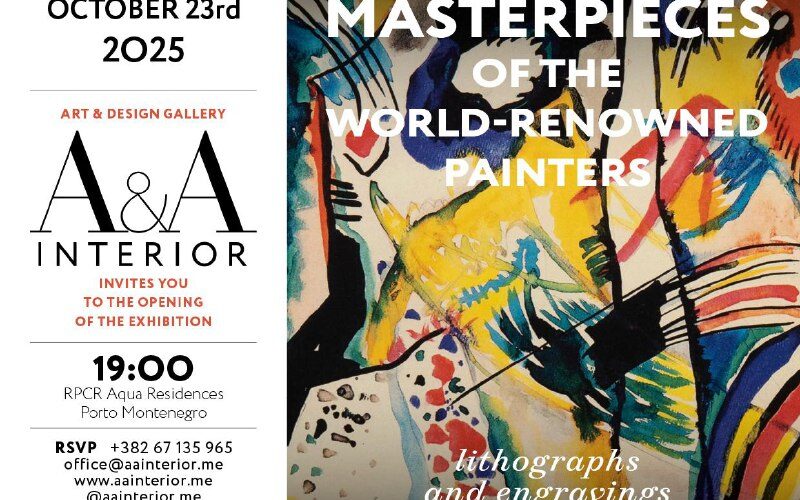 Афиша выставки литографий и гравюр в Черногории, 23 октября 2025 года, галерея A&A Interior.