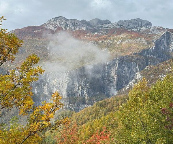 Осенний пейзаж гор в Черногории с туманом на вершинах, яркие краски листвы.
