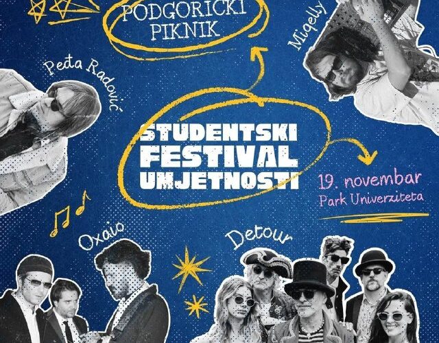 Плакат студенческого фестиваля искусств в Подгорице, 19 ноября, с участием исполнителей и групп.