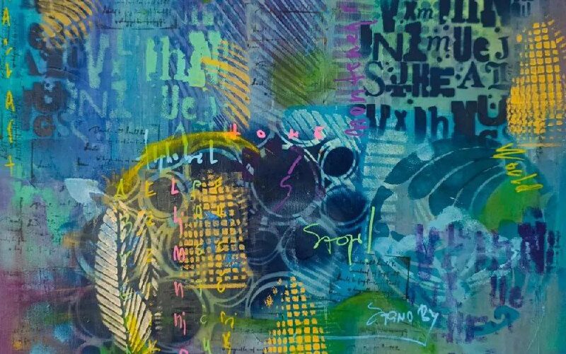 Абстрактная картина с яркими цветами и надписями, иллюстрирующая атмосферу событий в Черногории.