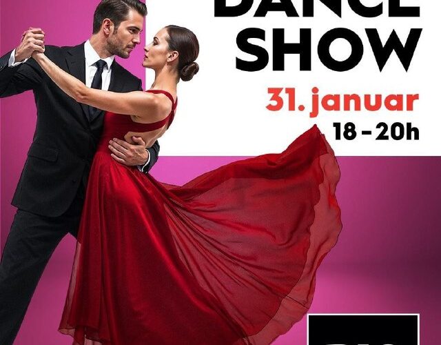 Танцевальное шоу в Черногории: пара в элегантных нарядах на фоне афиши мероприятия 31 января.