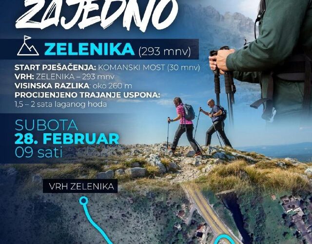 Плакат мероприятия Шетајмо Заједно в Черногории, прогулка на Зеленику, 28 февраля, старт в 9:00 от Комански мост.