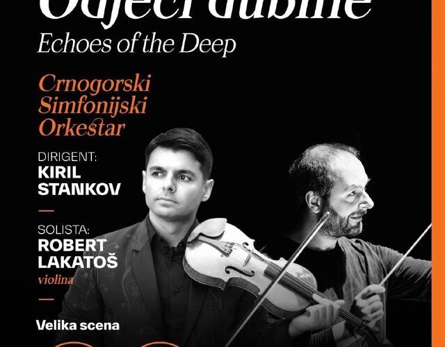 Плакат концерта «Отзвуки глубин» в Черногории, 6 февраля 2026, дирижер и скрипач на черном фоне.