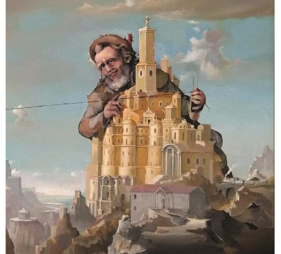 Изображение с выставки Драгана Печурице в Черногории: колоритный замок и фантазийный герой на фоне облаков.