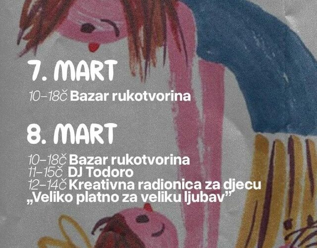 Детский рисунок и расписание мероприятий в Черногории: базар, DJ Todoro, творческая мастерская для детей.