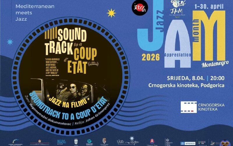 Постер для фестиваля джаза в Черногории, апрель 2026. Мероприятие в Черногорской кинематеке, Подгорица.