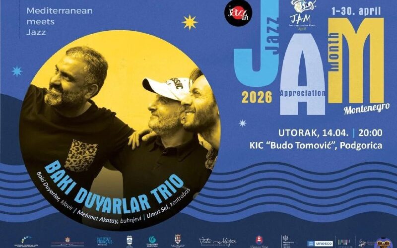 Афиша мероприятия в Черногории: концерт Baki Duyarlar Trio в Подгорице, апрель 2026, джаз и Средиземноморье.