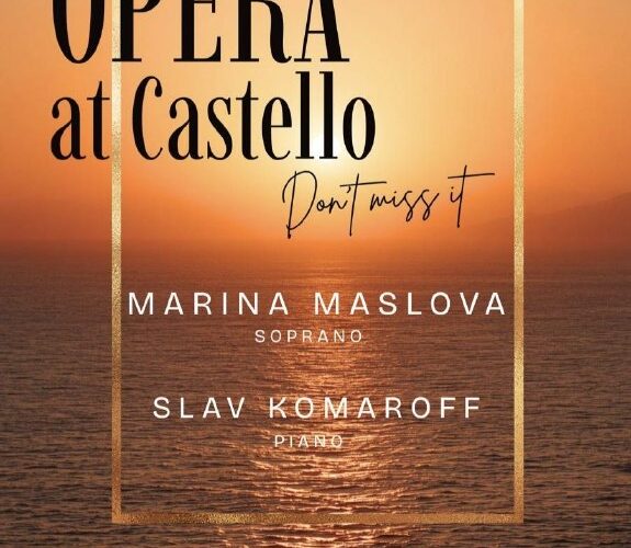 Афиша оперы в Castello, Черногория: концерт 30 мая, Марина Маслова и Слав Комаров, закат, море.